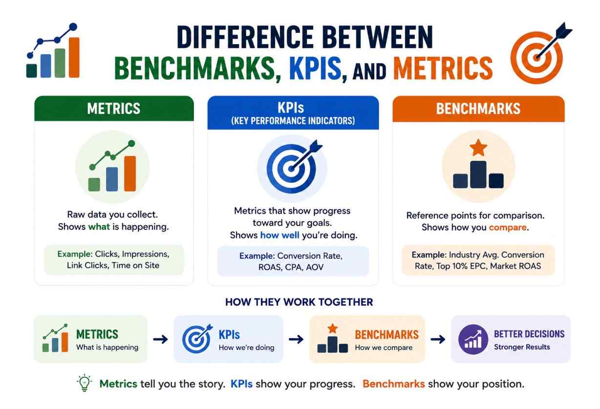 benchmarks vs kpis vs metrics